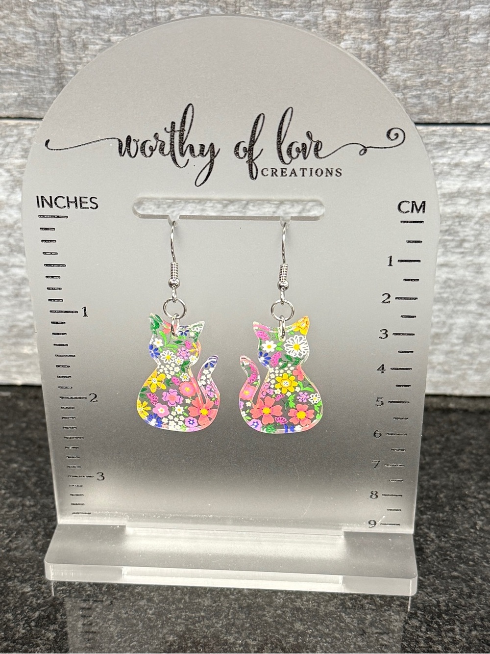 Floral print cat earrings stainless steel and acrylic New Handmade